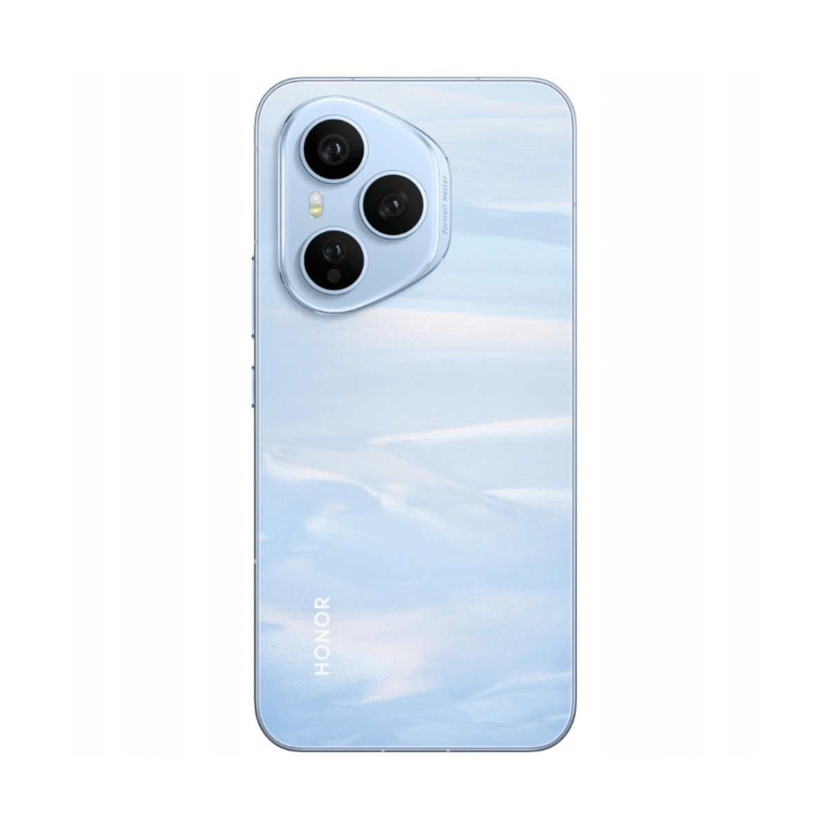Retro di uno smartphone Honor azzurro con tripla fotocamera e motivo marmorizzato.