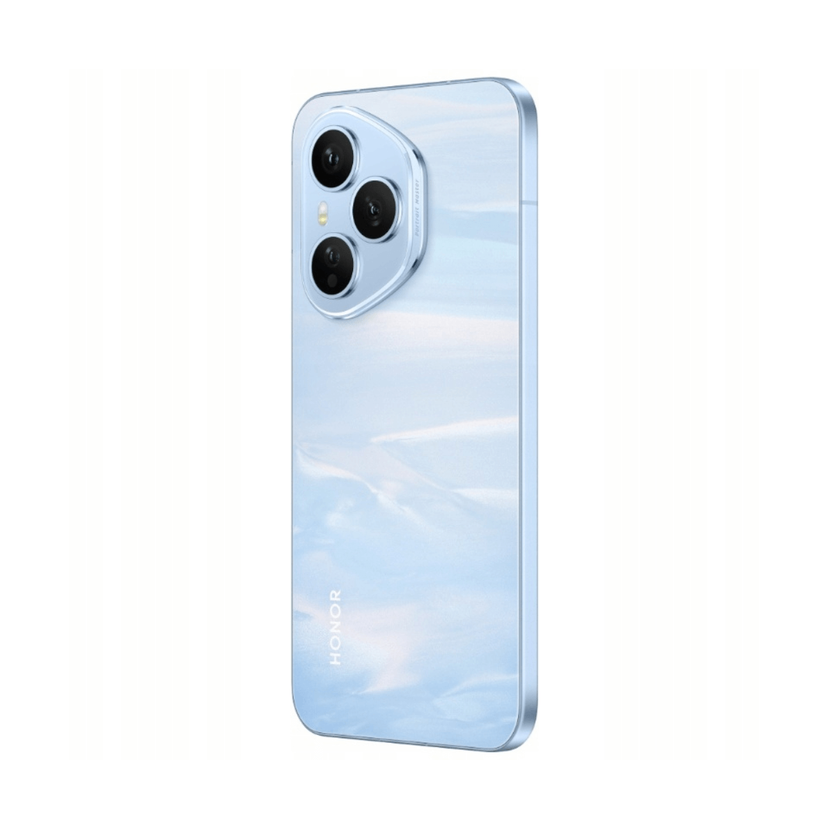 Uno smartphone azzurro con tre fotocamere sul retro, su sfondo bianco.
