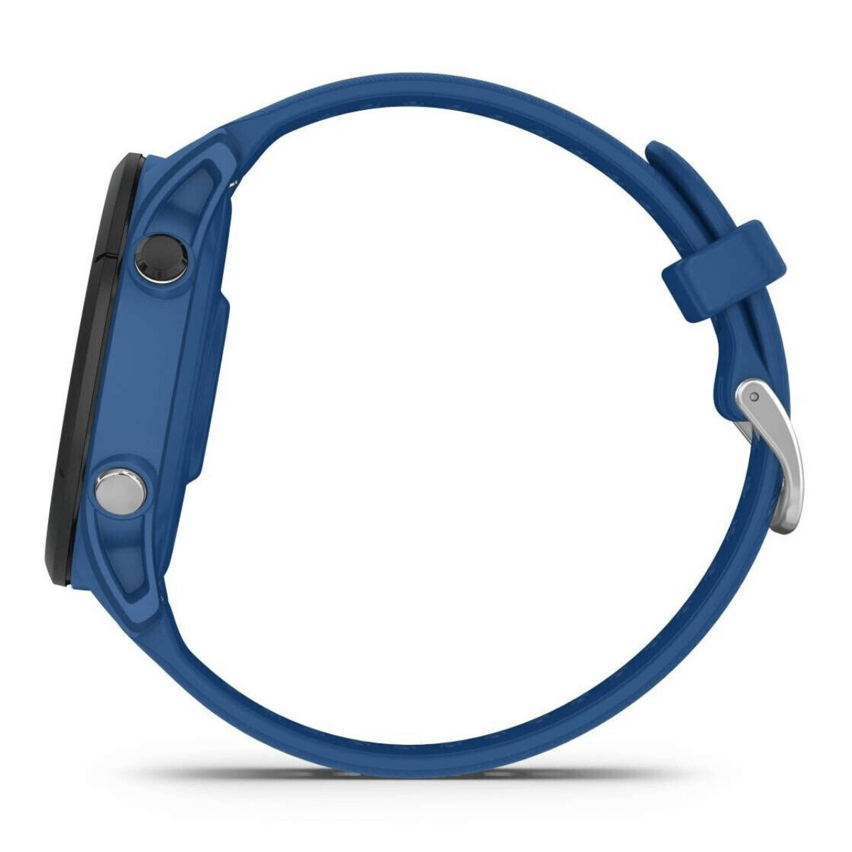 Un orologio intelligente blu con fibbia argentata e pulsanti laterali visto di lato.