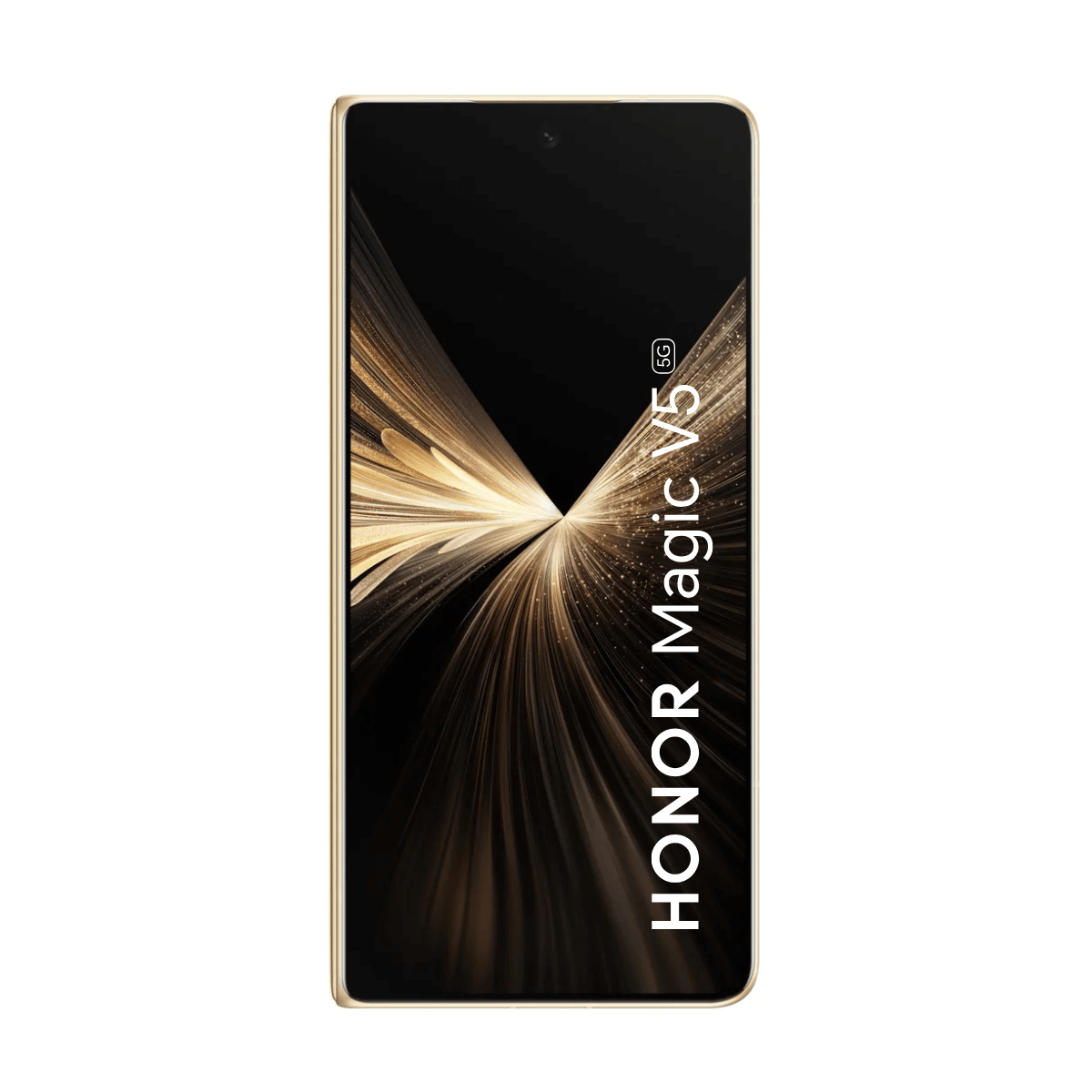 Ein goldener HONOR Magic V5 5G Smartphone mit abstraktem Hintergrund.