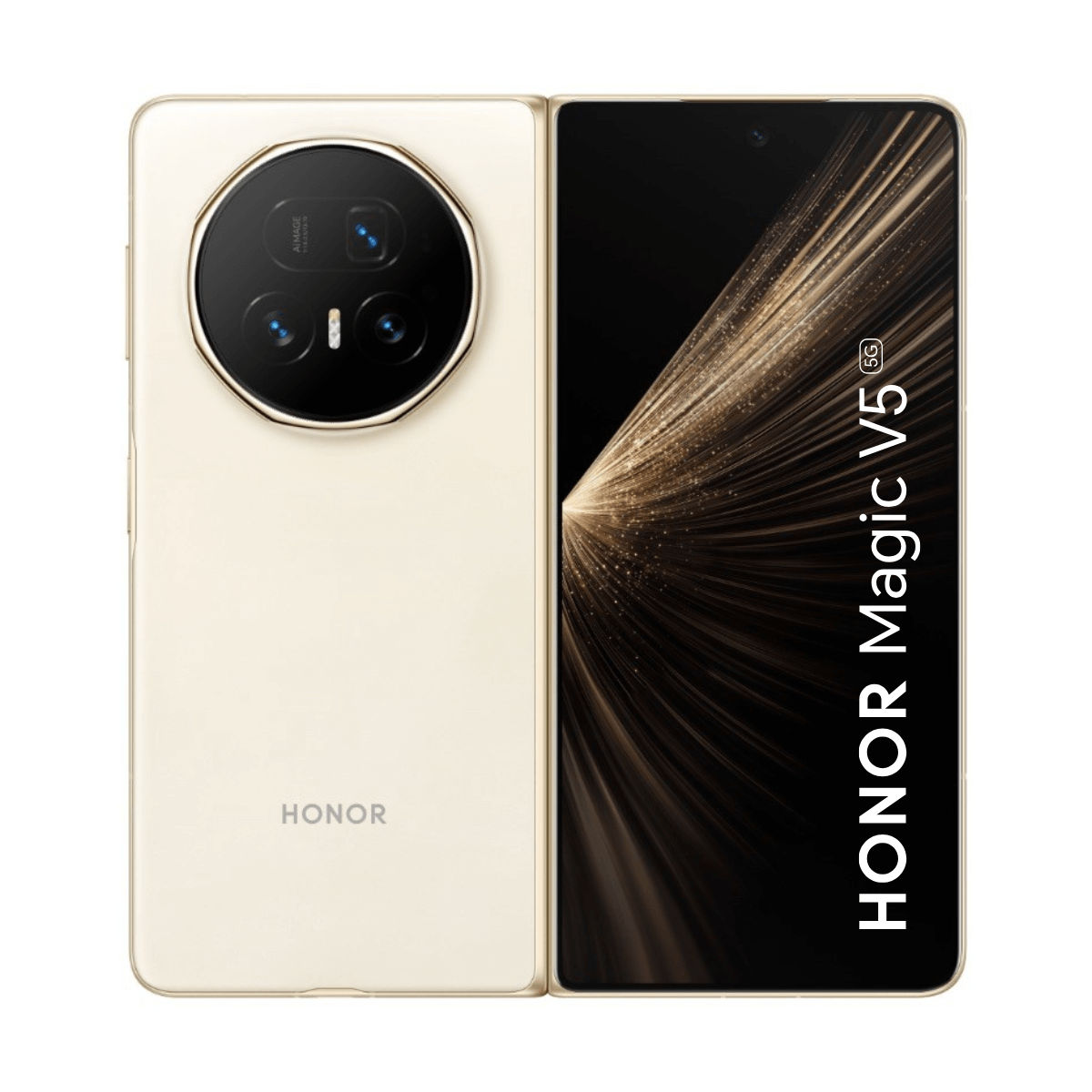 Ein geschlossenes, beiges faltbares Honor Magic V5 Handy mit runder Kamera hinten.