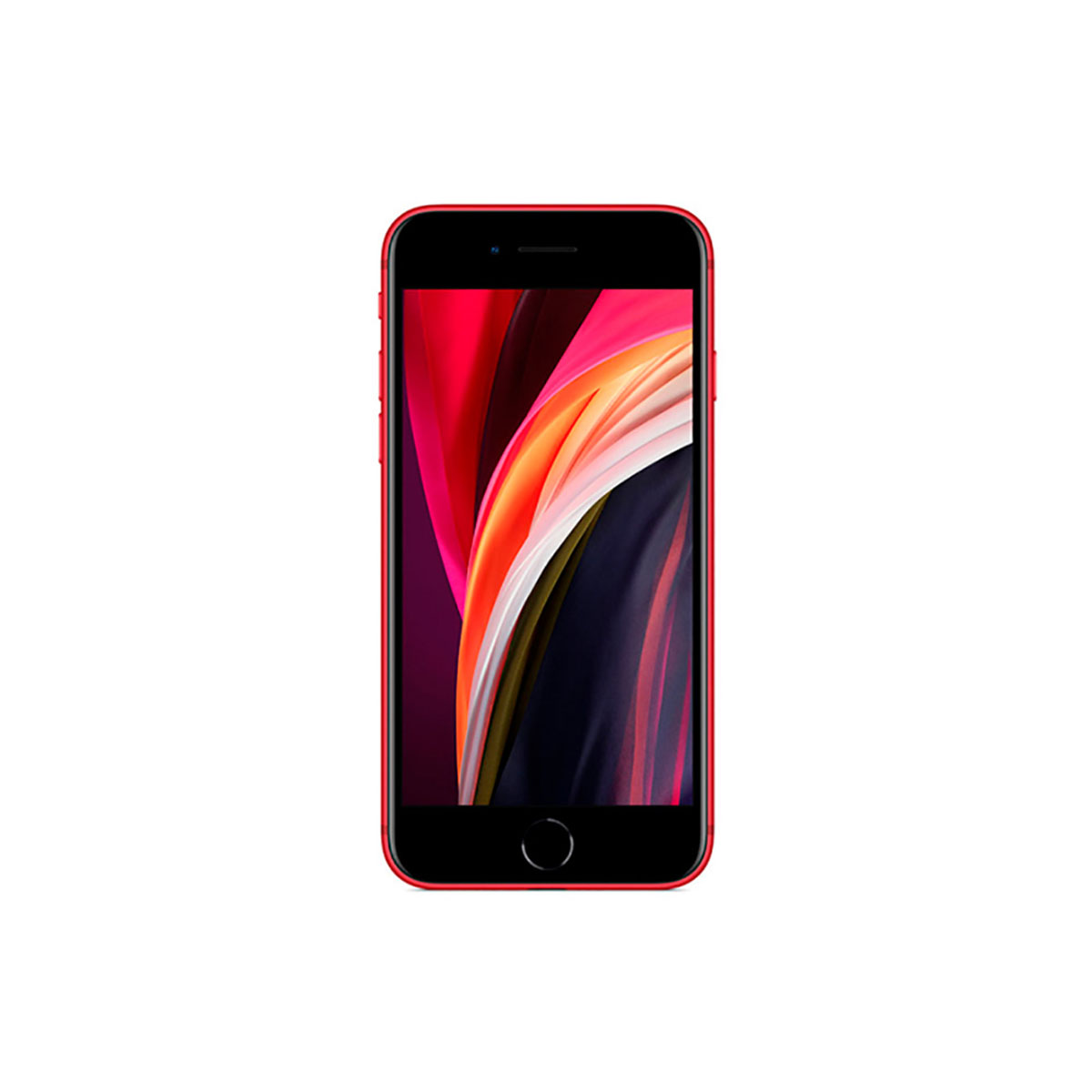 Un teléfono inteligente rojo con un fondo de pantalla abstracto y olas coloridas.