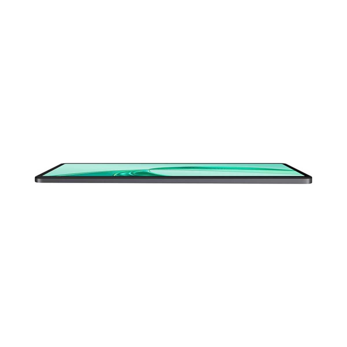 Een grijze tablet met groen scherm, liggend op een witte achtergrond.