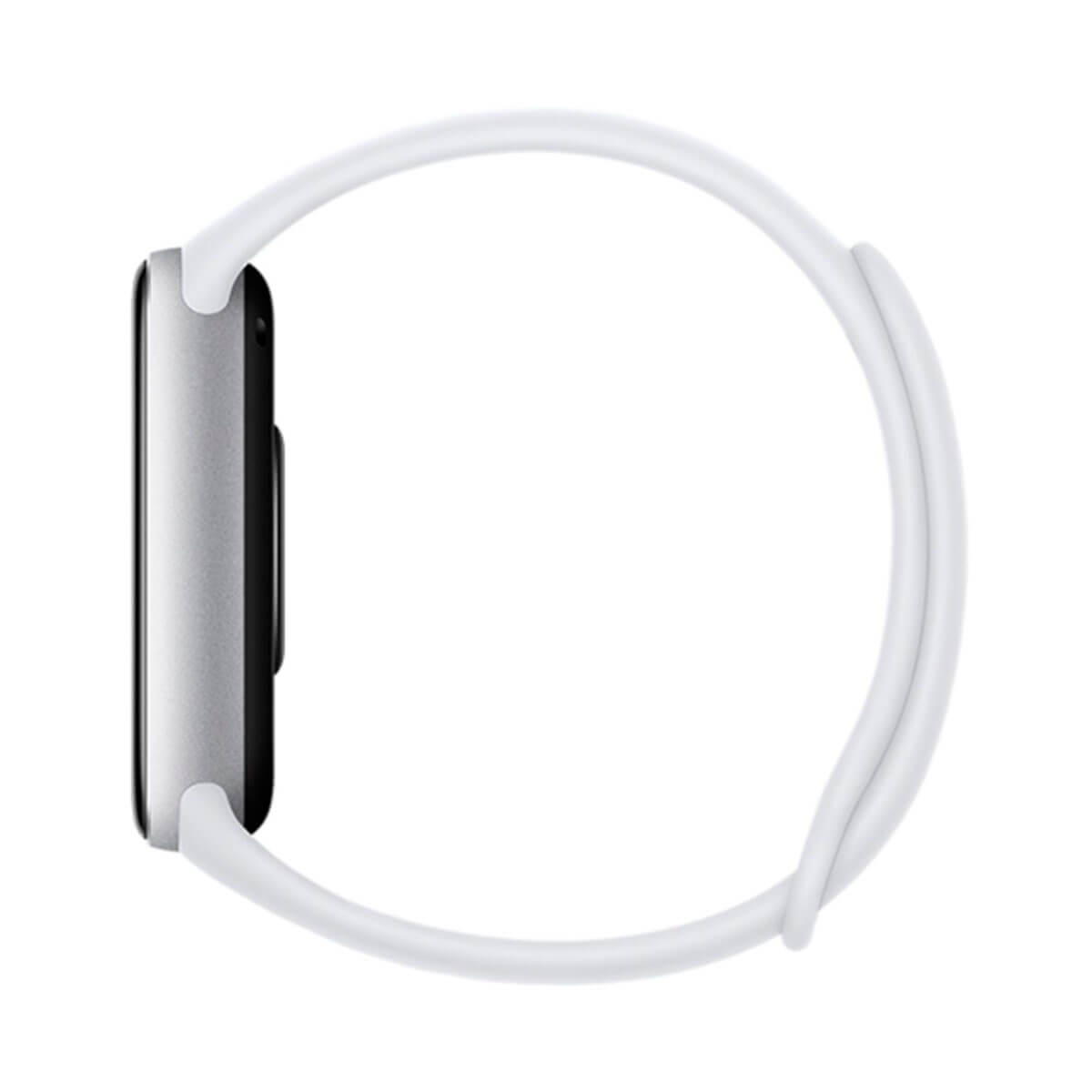 Una caja de smartwatch plateada con correa blanca, vista de lado.