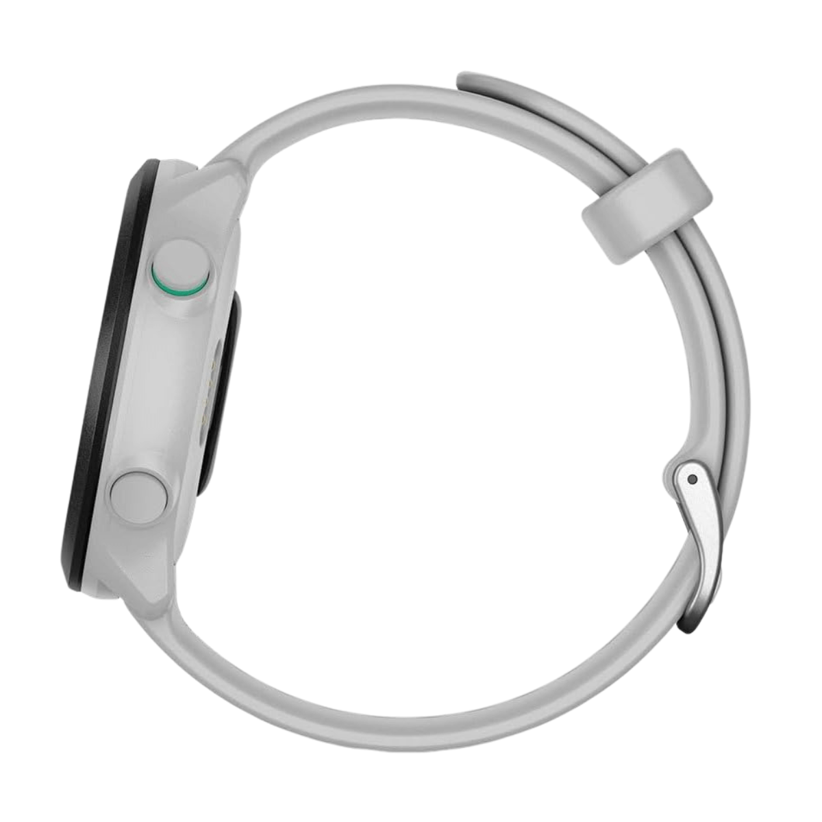 Reloj inteligente gris con correa, vista lateral, botones blancos.