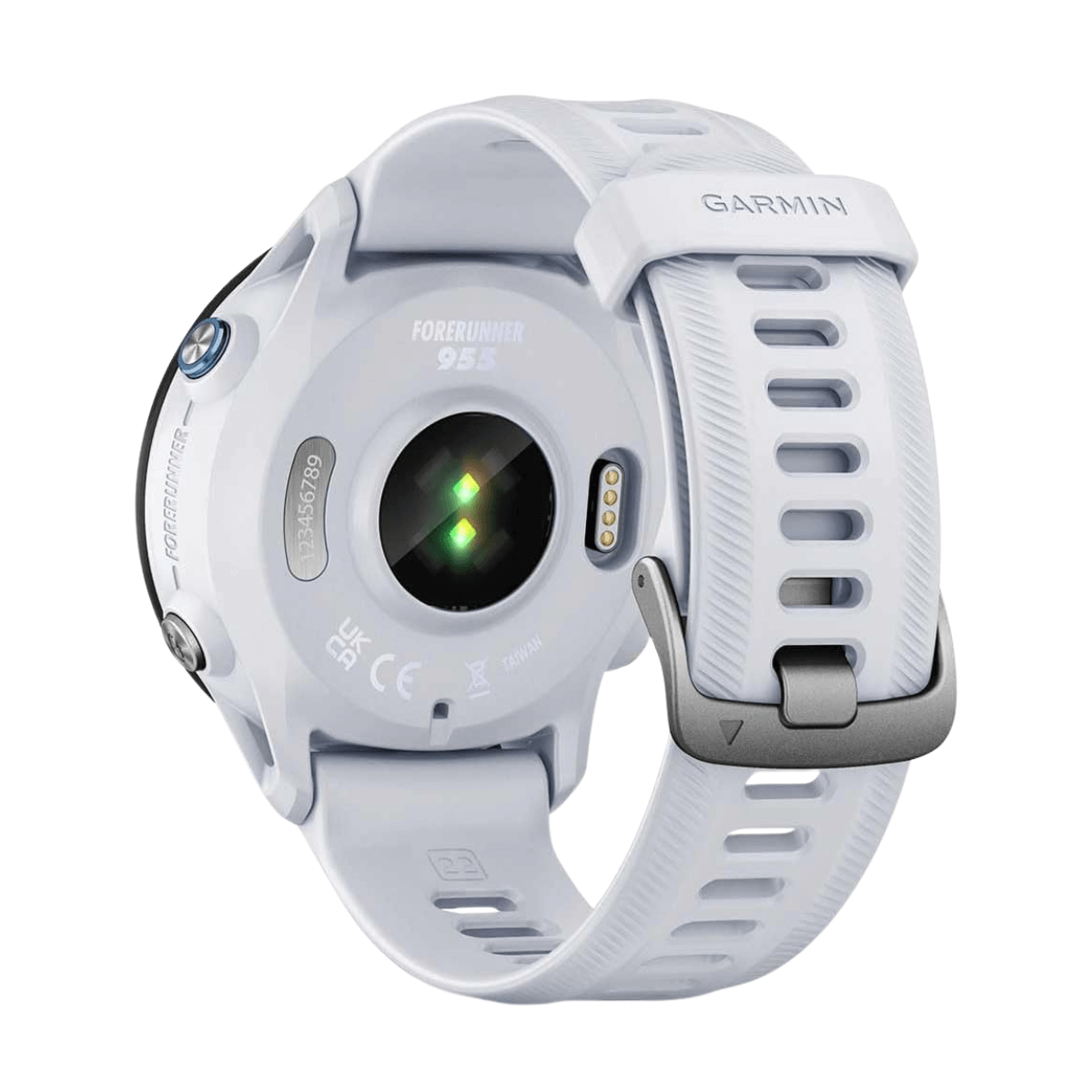 Weiße Garmin Forerunner 955 Smartwatch mit Herzfrequenzsensor und Silikonarmband.