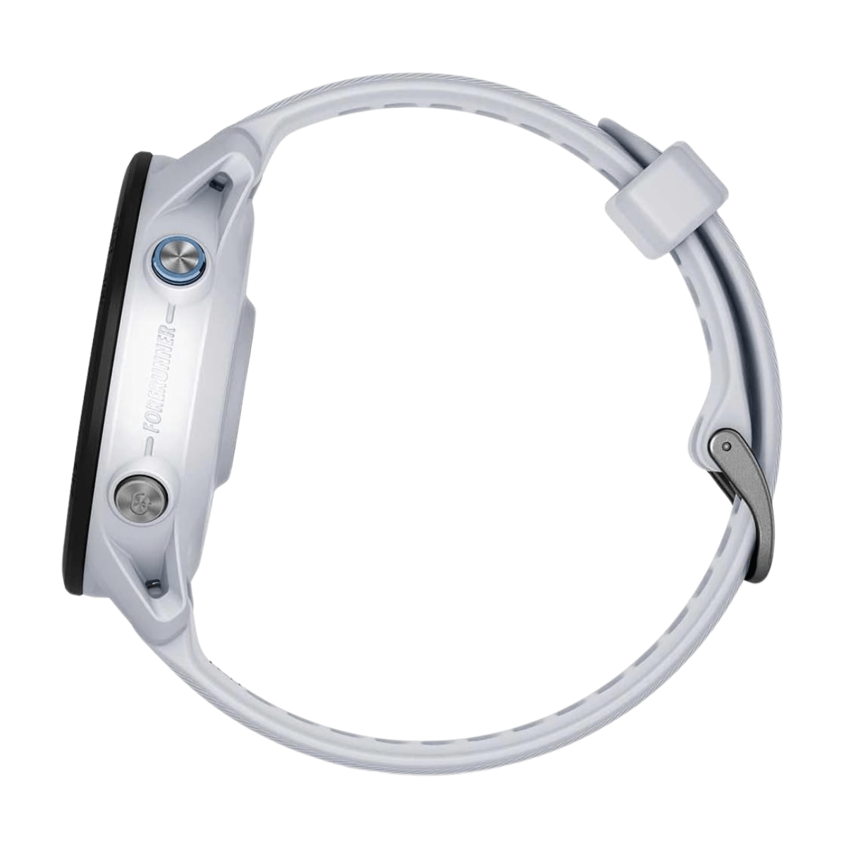 Seitenansicht einer weißen Smartwatch mit hellgrauem Armband und silbernen Knöpfen. Text: „FORERUNNER“.