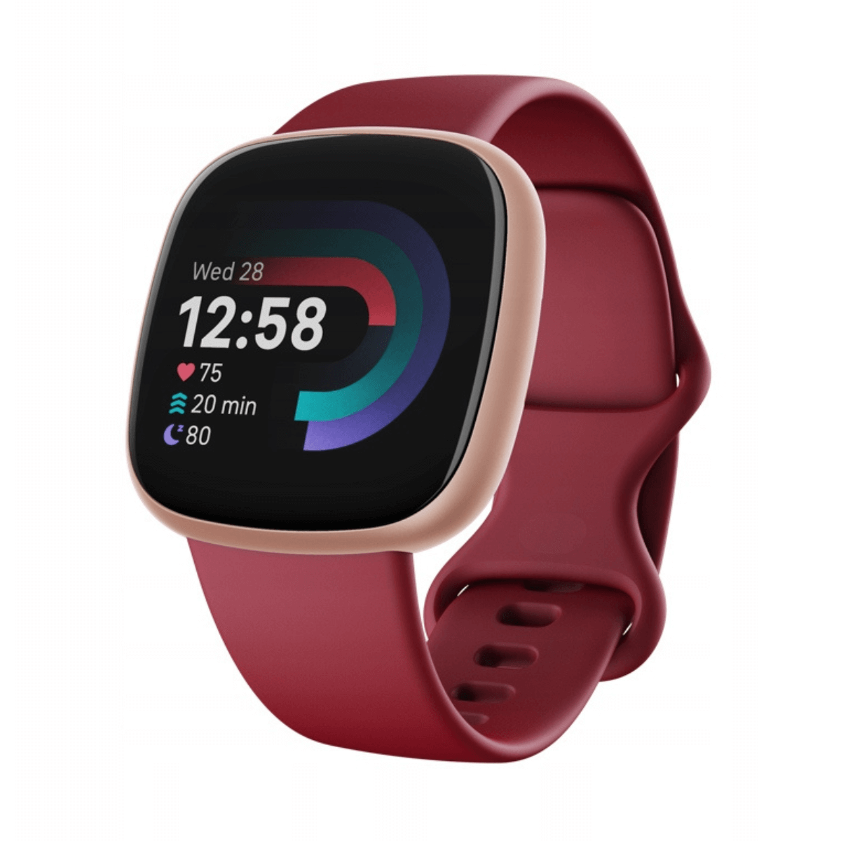 Eine rote Smartwatch mit einem roségoldenen Gehäuse und einem schwarzen Display, das 12:58 Uhr anzeigt.