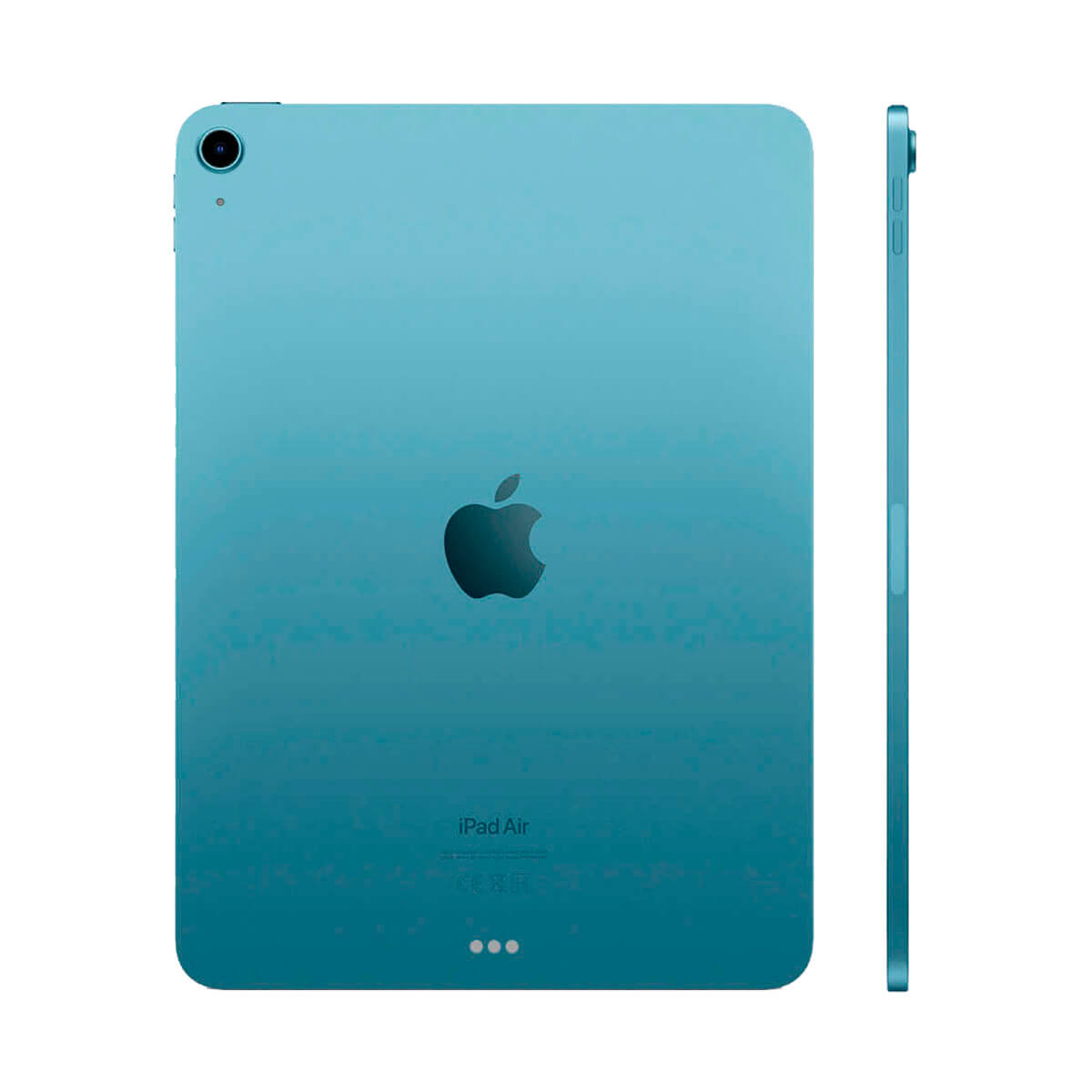 Een blauwe Apple iPad Air met logo en camera aan de achterkant.