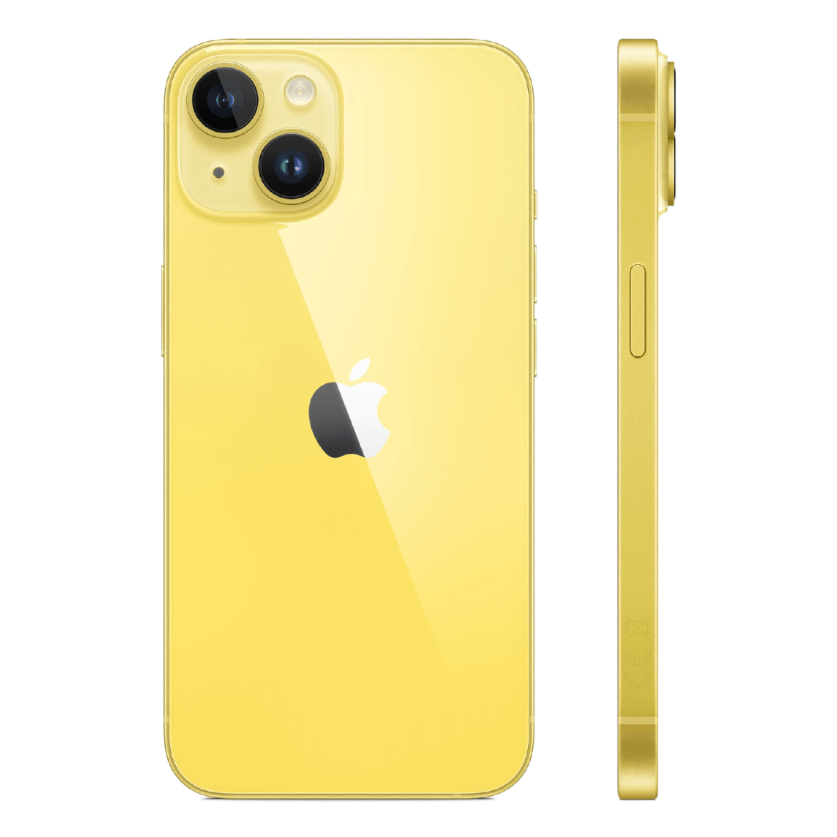 Żółty iPhone z dwoma aparatami i logo Apple, pokazany z przodu i z boku.