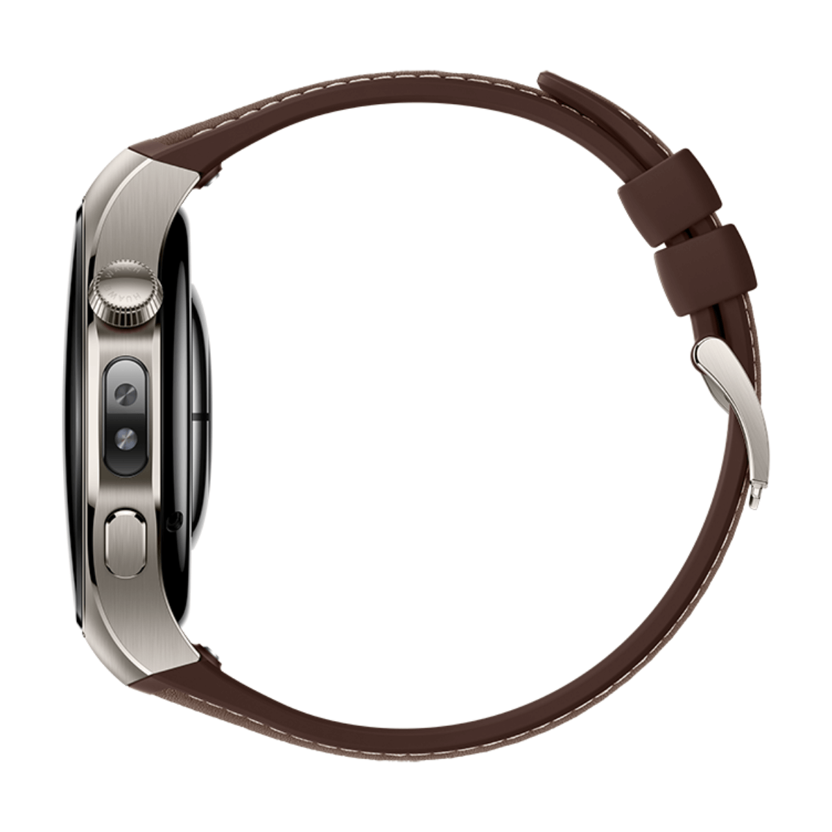 Reloj inteligente plateado con correa de cuero marrón y hebilla plateada.