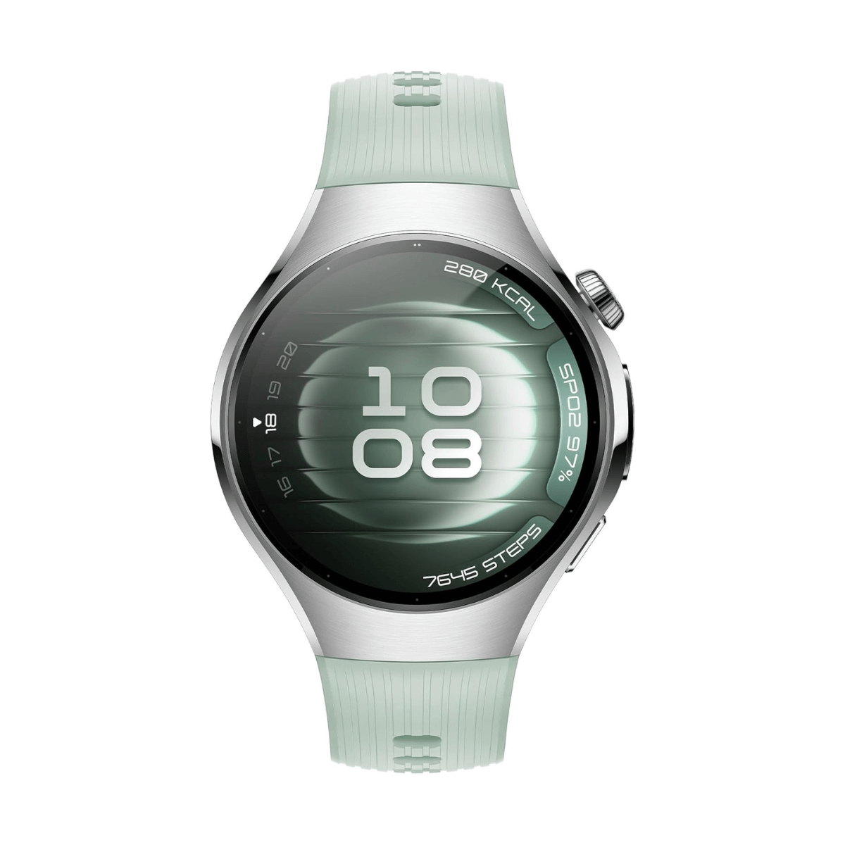 Eine hellgrüne Smartwatch mit silbernem Rand zeigt 10:08, 280 kcal, 97 % SpO2 und 7645 Schritte an.