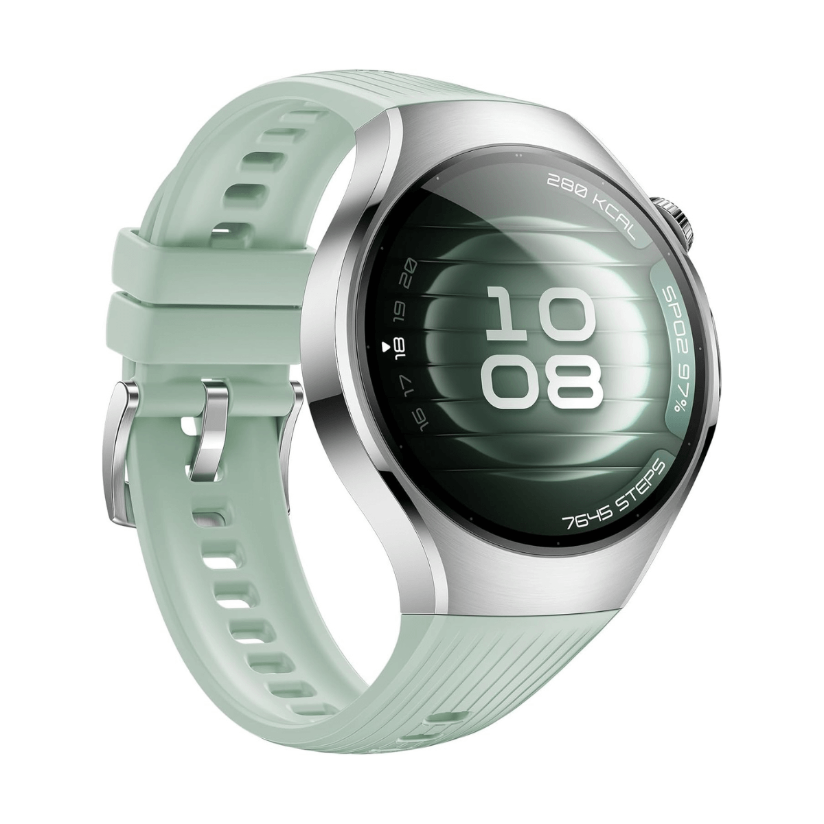 Eine hellgrüne Smartwatch mit silbernem Rand zeigt 10:08, 280 kcal, 97% SpO2, 7645 Schritte.
