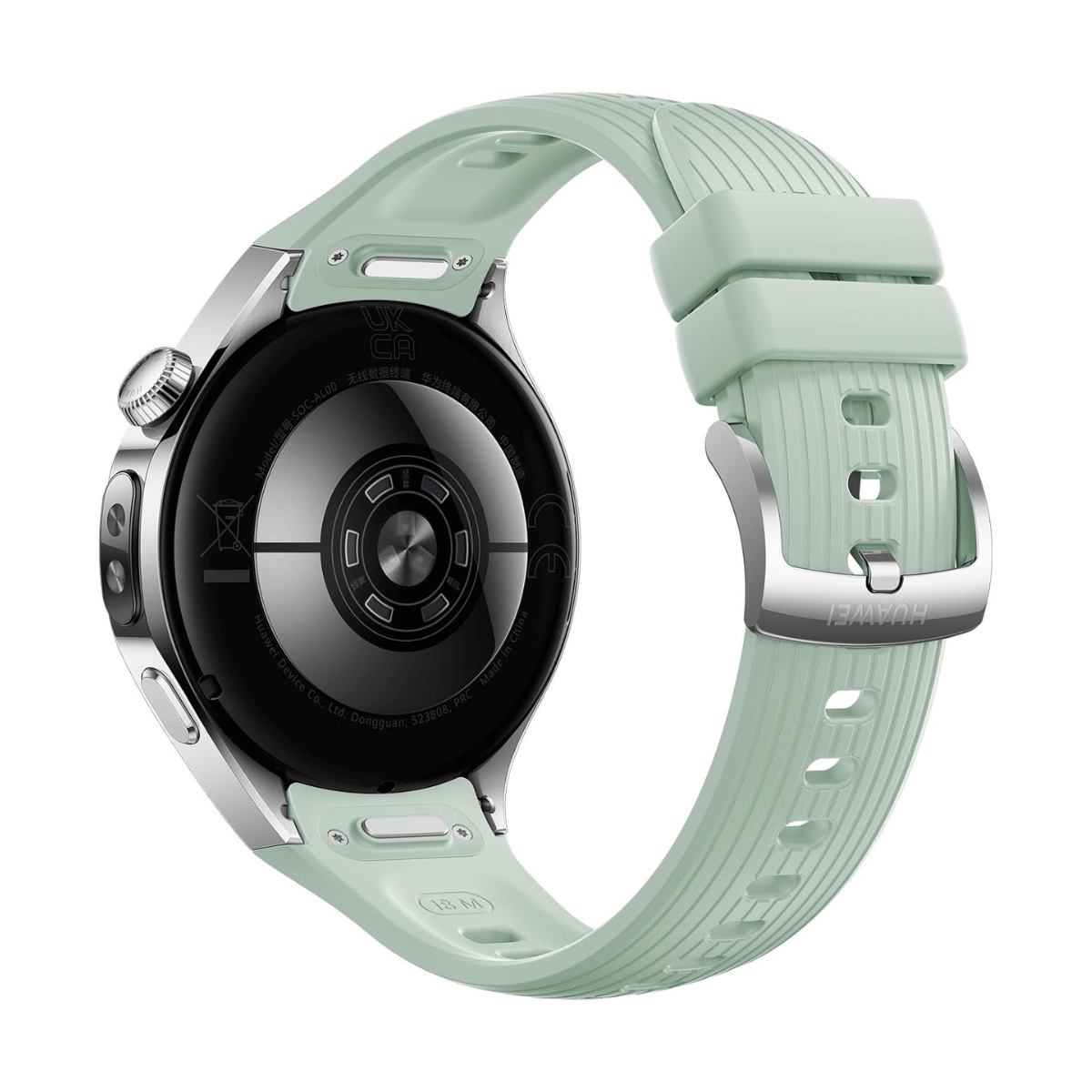 Rückseite einer hellgrünen Smartwatch mit silbernem Gehäuse und silberner Schnalle.