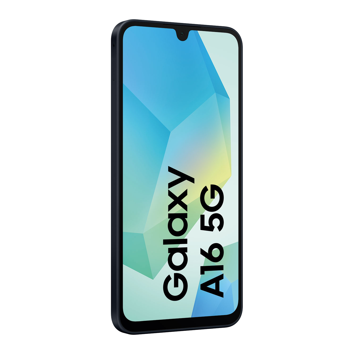 Ein schwarzes Samsung Galaxy A16 5G Smartphone mit blauem und gelbem Hintergrund.