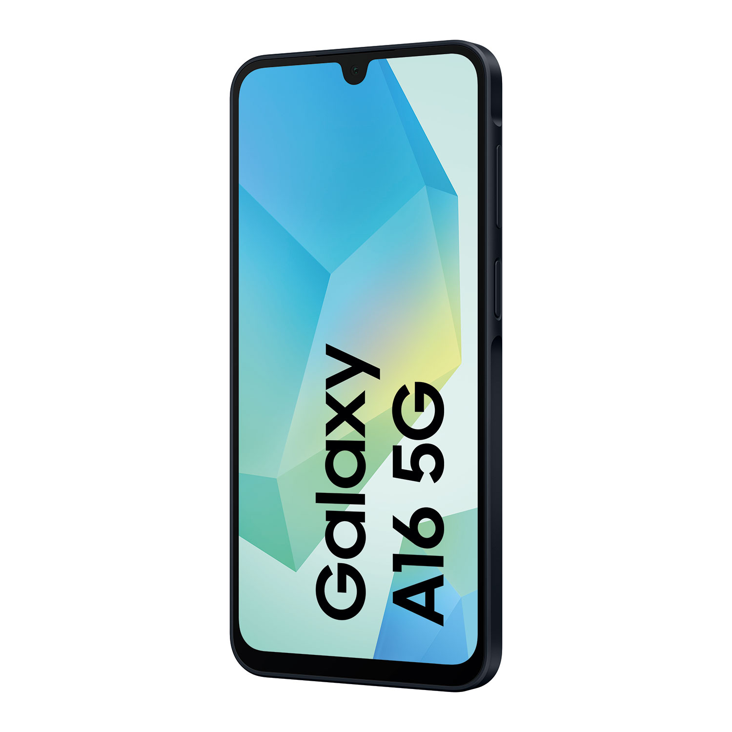Dunkelblaues Samsung Galaxy A16 5G Smartphone mit geometrischem Hintergrund.