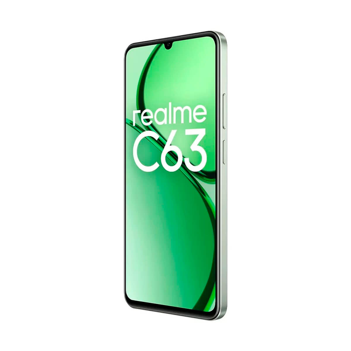 Uno smartphone argentato con sfondo verde e testo 'realme C63'.