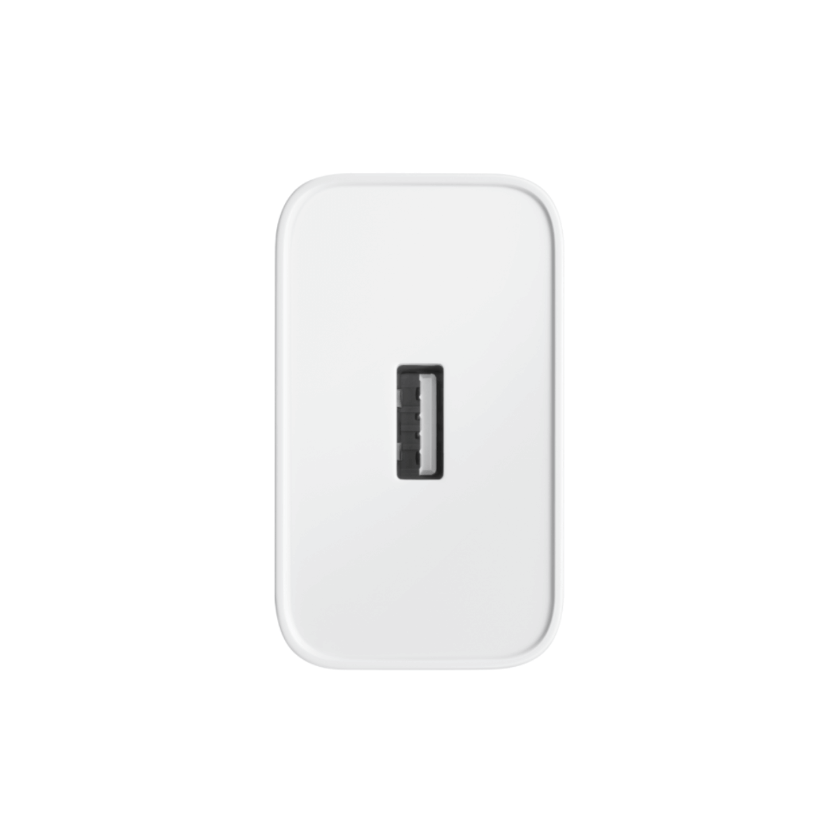 Un chargeur blanc avec un port USB noir au centre.
