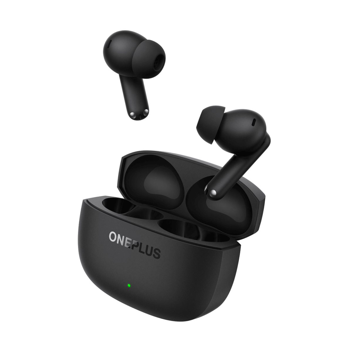 Schwarze OnePlus-Kopfhörer schweben über einem geöffneten Ladecase mit grünem Licht.