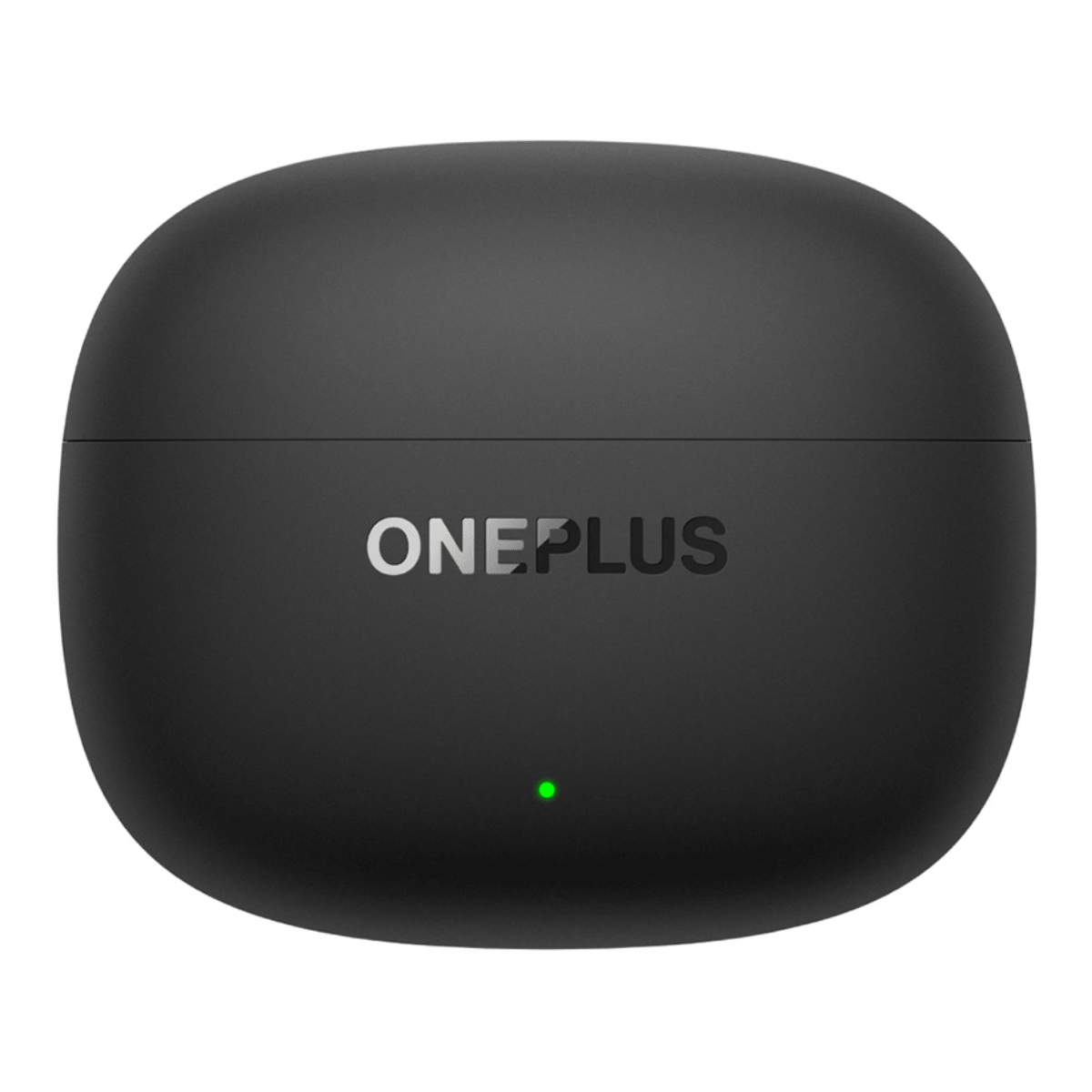 Schwarzes Ladecase für Kopfhörer mit OnePlus-Logo und grünem Lämpchen.