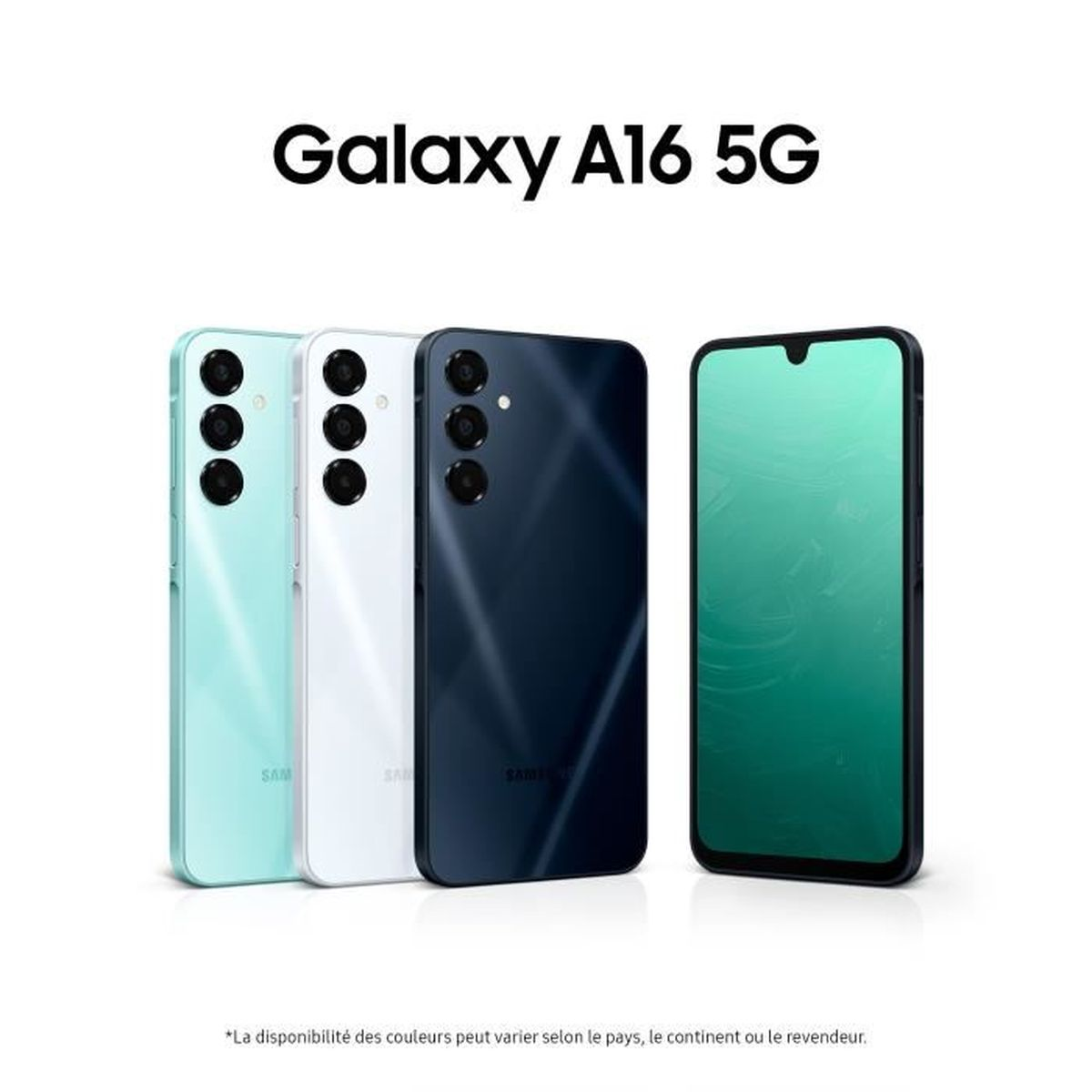 Tre telefoni Samsung Galaxy A16 5G in color menta, bianco e blu scuro. Un telefono è acceso.