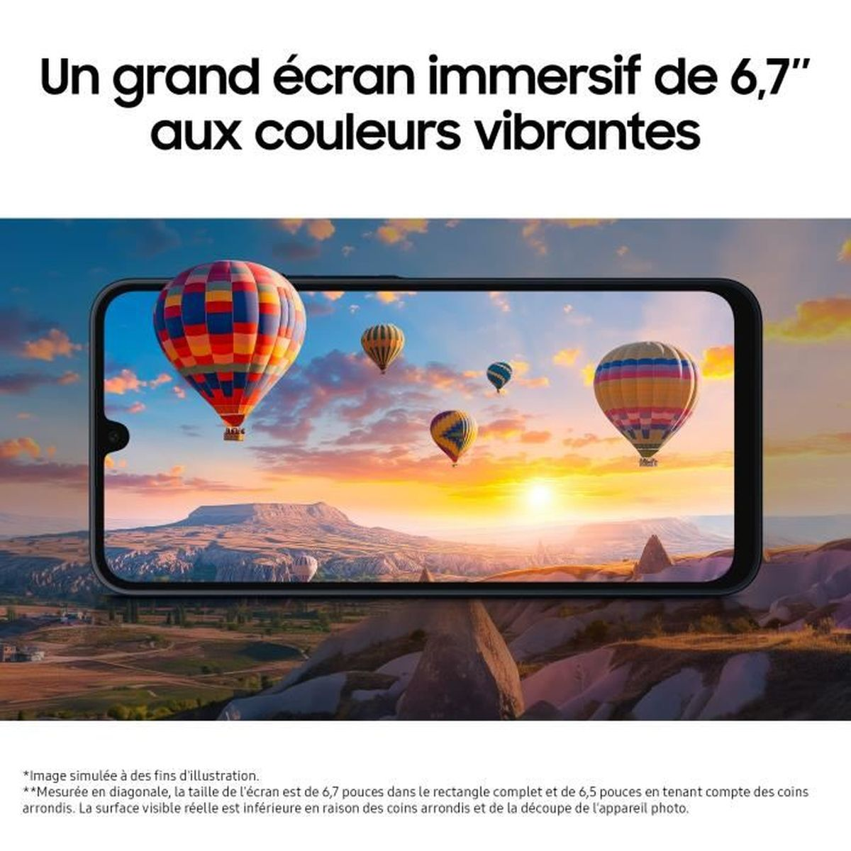 Uno schermo di smartphone mostra un paesaggio con molti palloni colorati al tramonto.