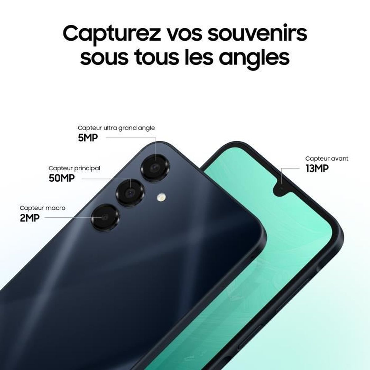 Smartphone blu scuro con tre fotocamere: 50MP principale, 5MP ultra grandangolare, 2MP macro.