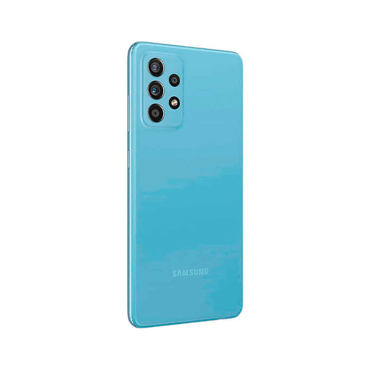 Ein hellblaues Samsung Smartphone mit vier Kameras auf der Rückseite.