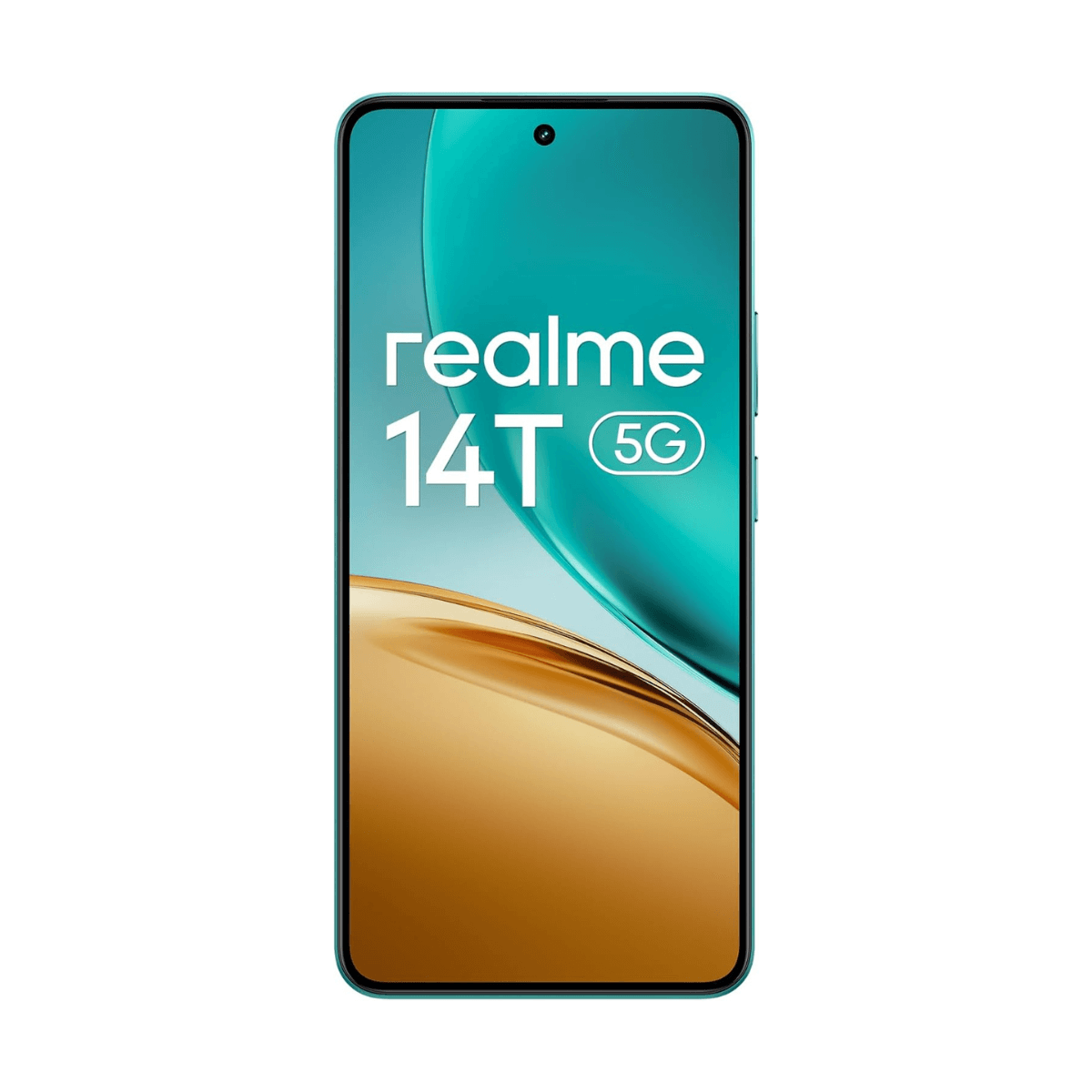 Turkusowy smartfon Realme 14T 5G ze stylizowanym tłem.