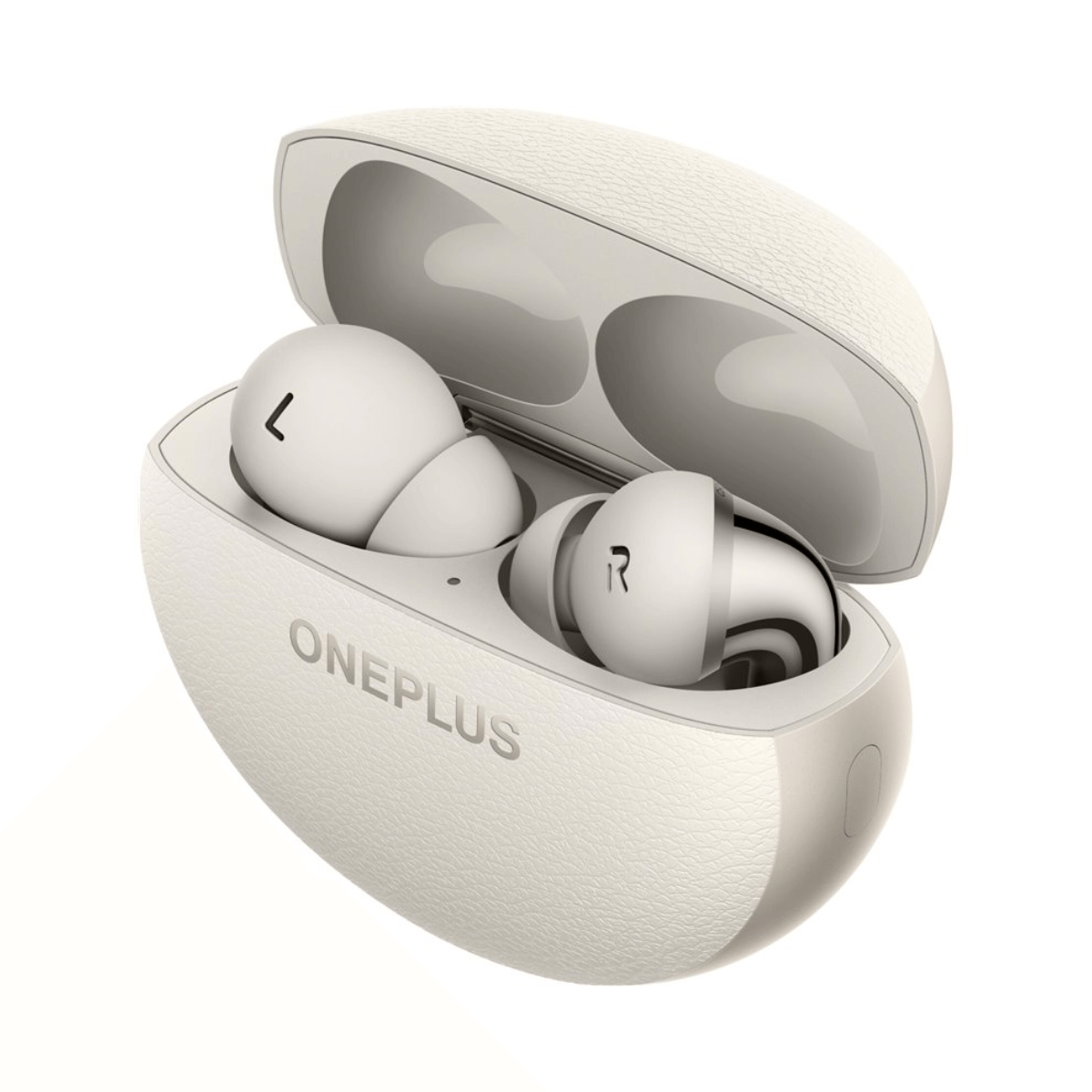 Białe słuchawki OnePlus w etui ładującym, pokrywa otwarta, widoczne białe słuchawki.
