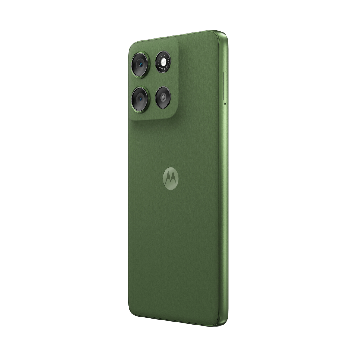 Groene smartphone met drievoudige camera en Motorola-logo.