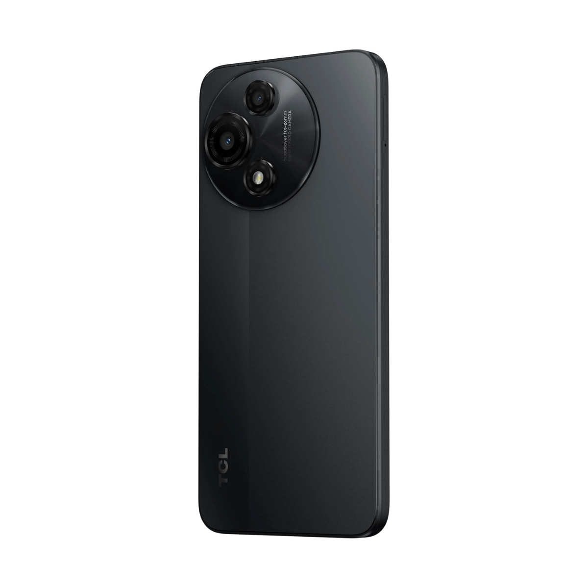 Black smartphone with a triple camera setup on the back and TCL logo.