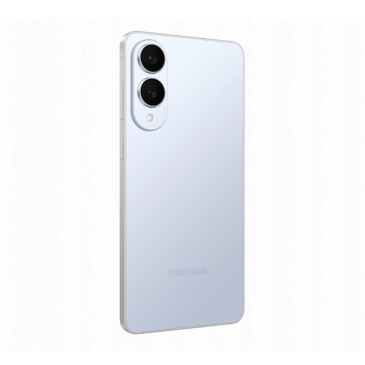 Tył jasnoniebieskiego smartfona Samsung z dwoma aparatami i lampą błyskową.