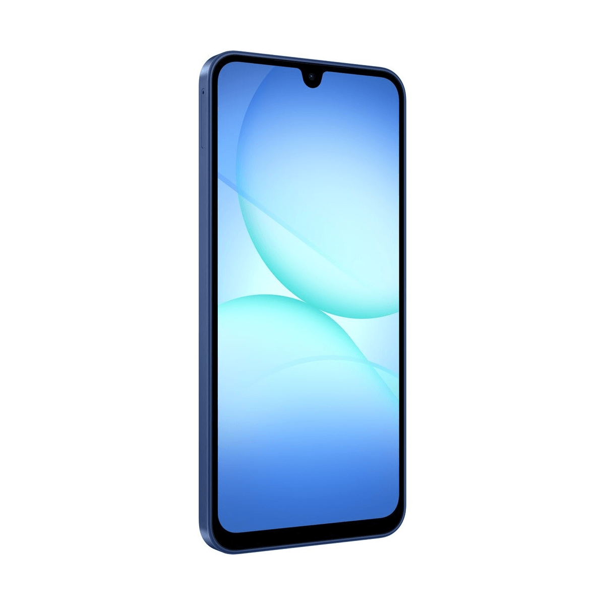 Niebieski smartfon z wycięciem w kształcie kropli i niebieskim tłem gradientowym.