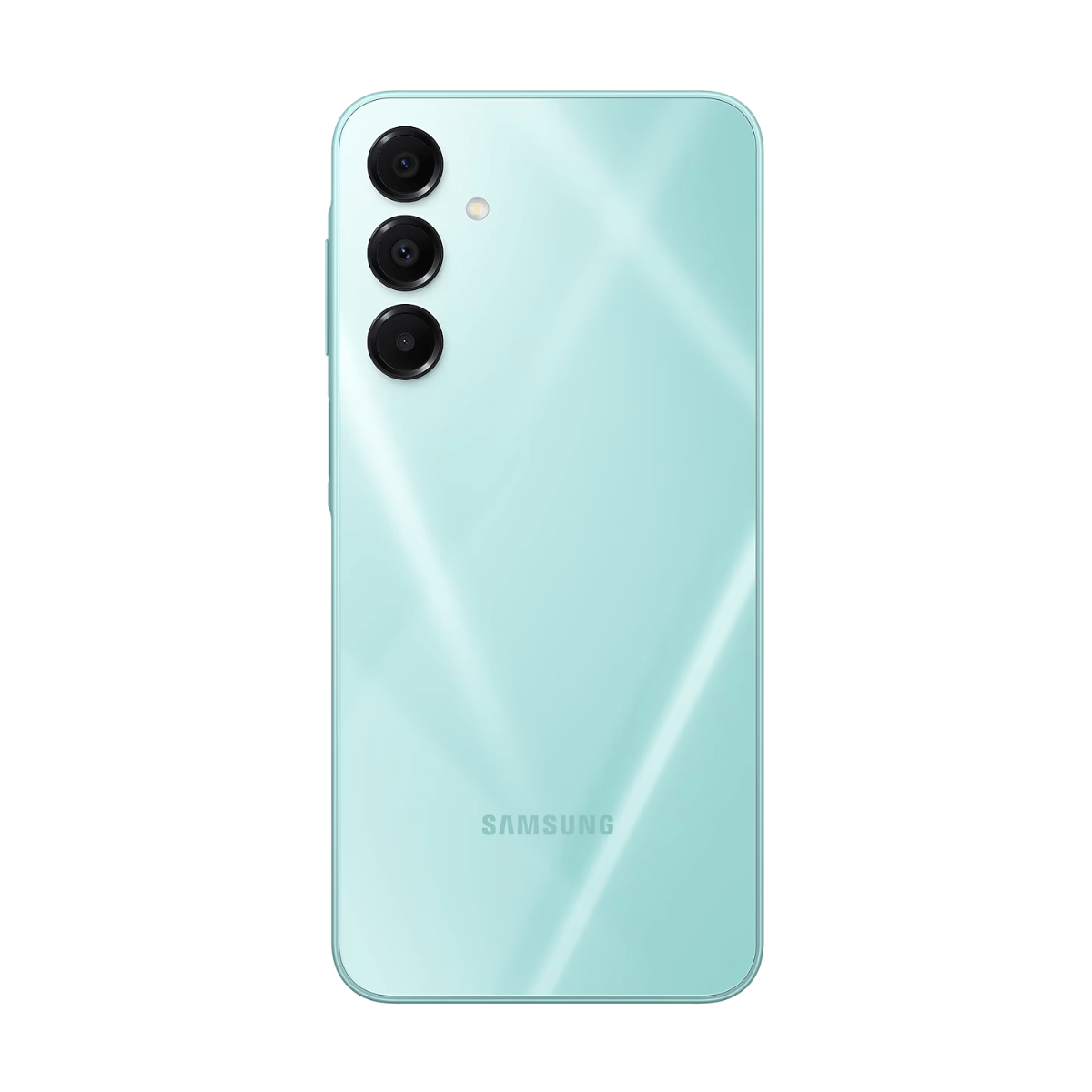 Türkis Samsung Smartphone mit drei Kameras und glänzendem Finish.