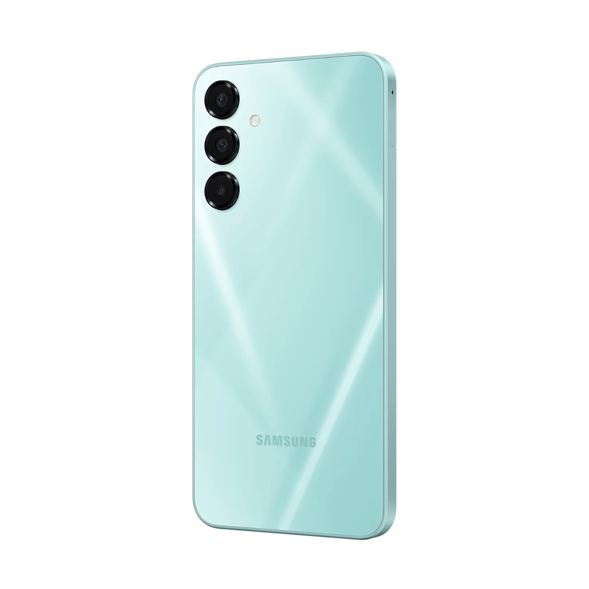 Ein türkisfarbenes Samsung-Smartphone mit drei Kameras auf der Rückseite.