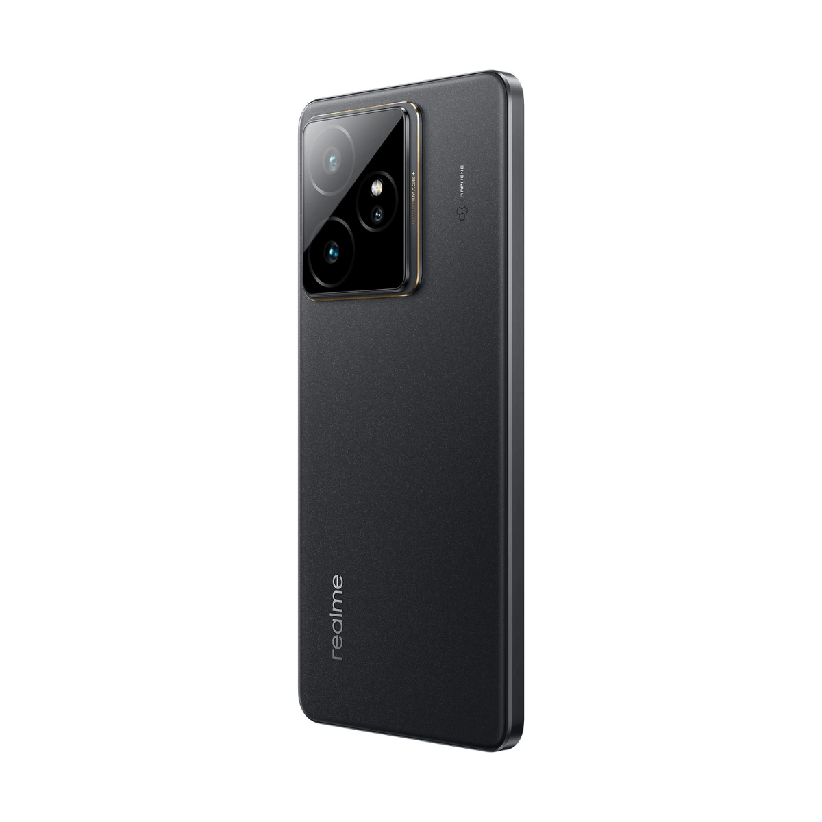 Dunkelgraues Smartphone mit vier Kameras und goldenem Rahmen, auf weißem Grund.