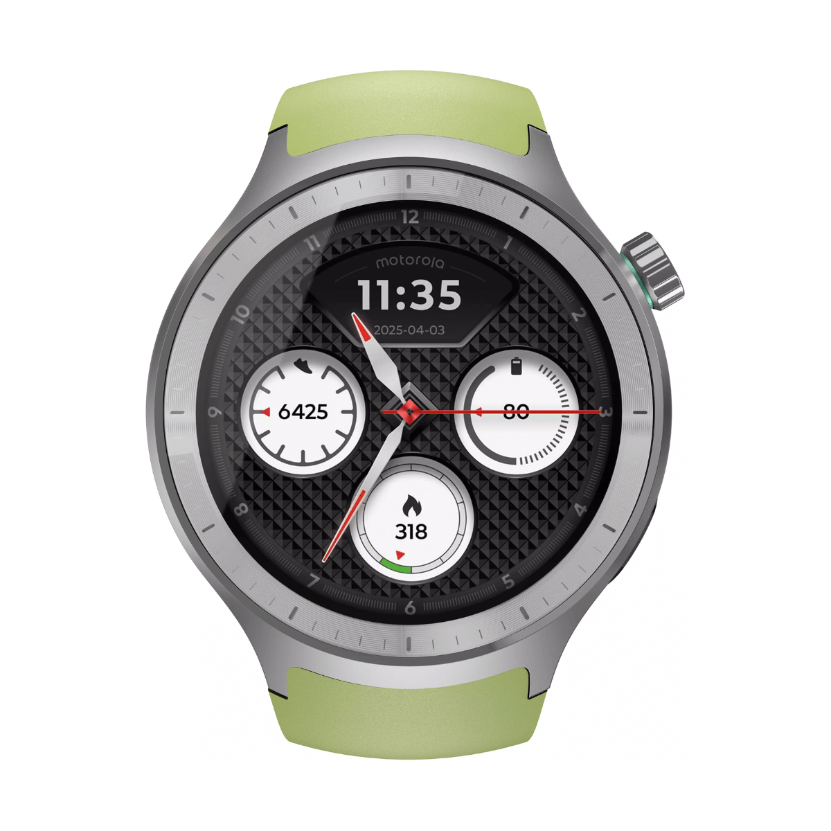 Srebrny smartwatch z jasnozielonym paskiem pokazuje 11:35, datę, kroki i tętno.