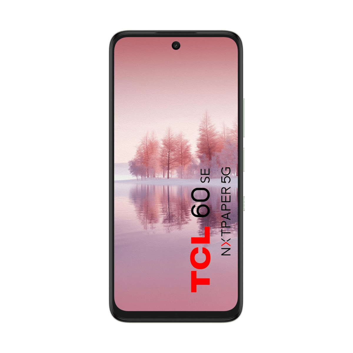 Een smartphone met winterbehang: bomen aan het water. TCL 60 SE NXT PAPER 5G.