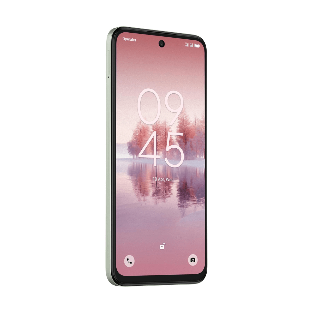 Een lichtgroene smartphone met een vergrendelingsscherm met landschap.