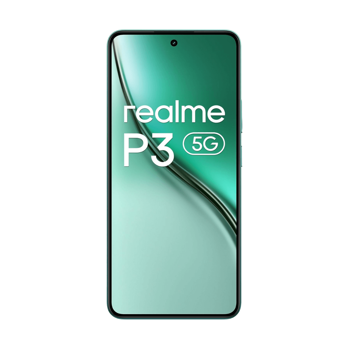 Ein Realme P3 5G Smartphone mit grünem Hintergrund.