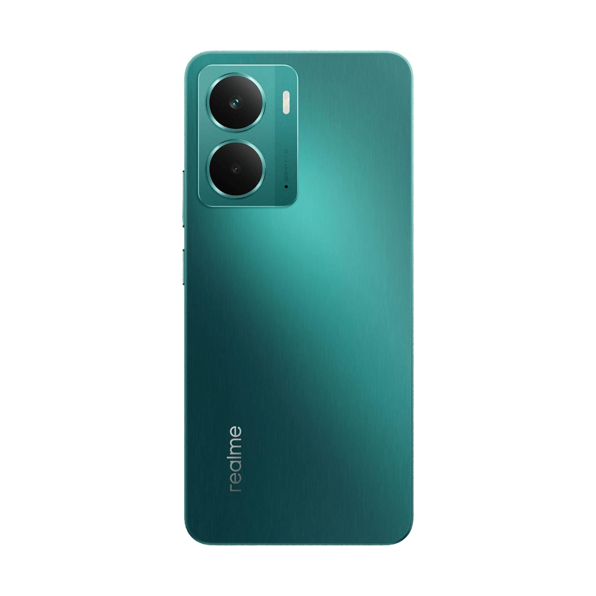 Rückseite eines türkisfarbenen Smartphones mit zwei Kameras und Realme-Logo.
