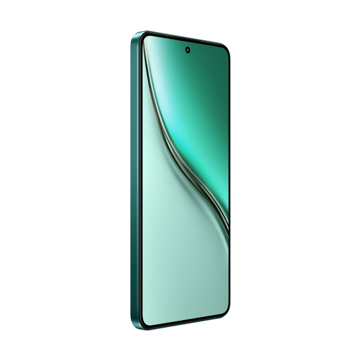 Ein modernes Smartphone mit einem türkisfarbenen Rahmen und einem sanft abfallenden Bildschirm.