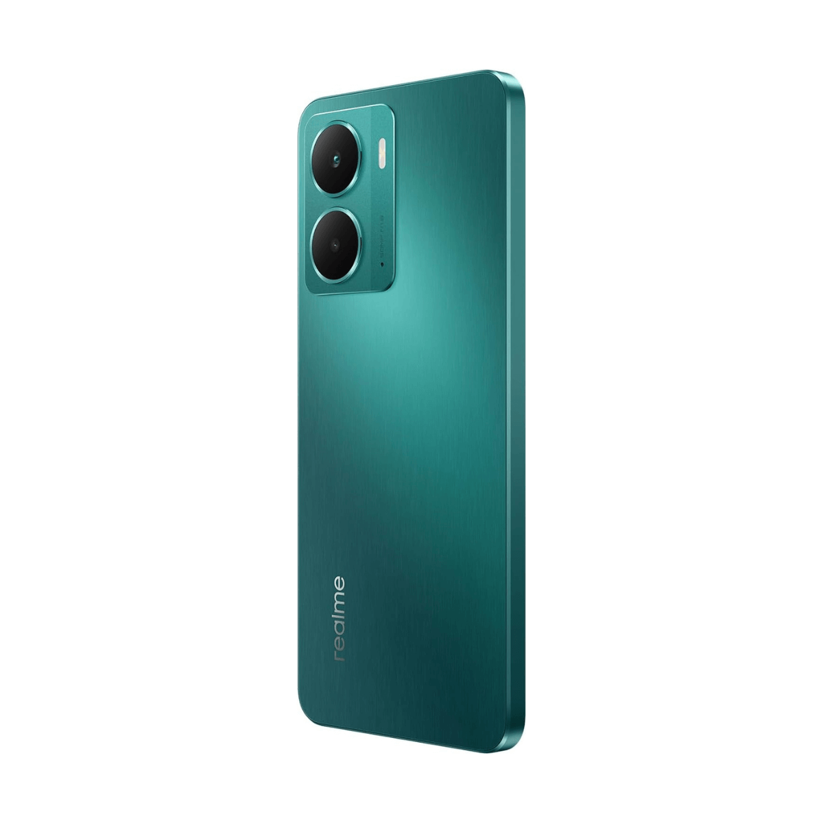 Ein türkisfarbenes Smartphone mit Dual-Kamera wird von hinten gezeigt, mit Realme-Logo.