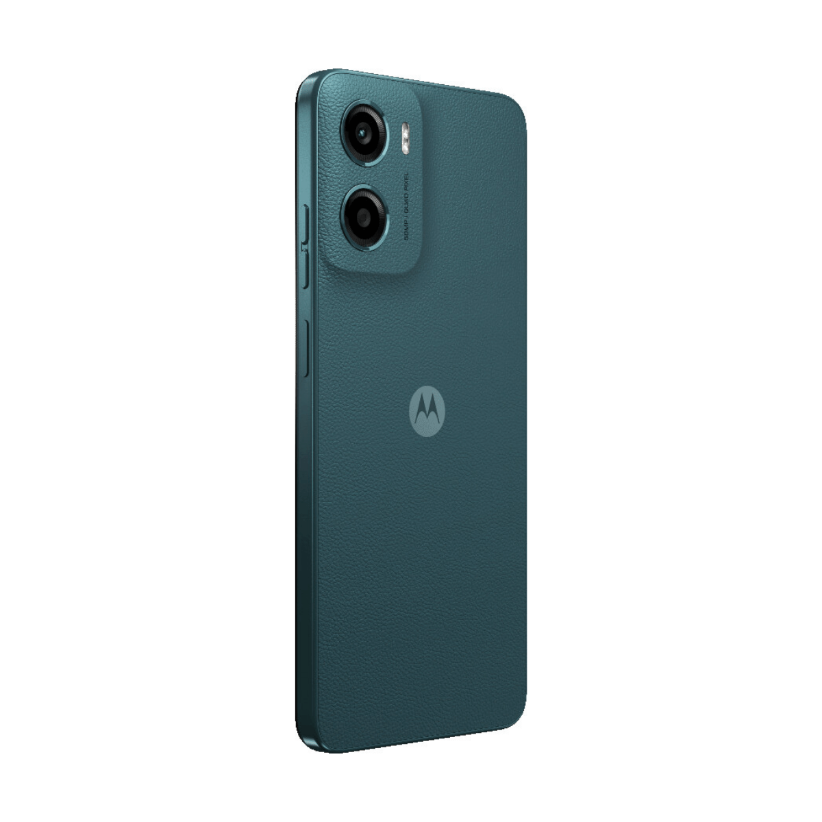 Achterkant van een teal Motorola smartphone met dubbele camera en logo.