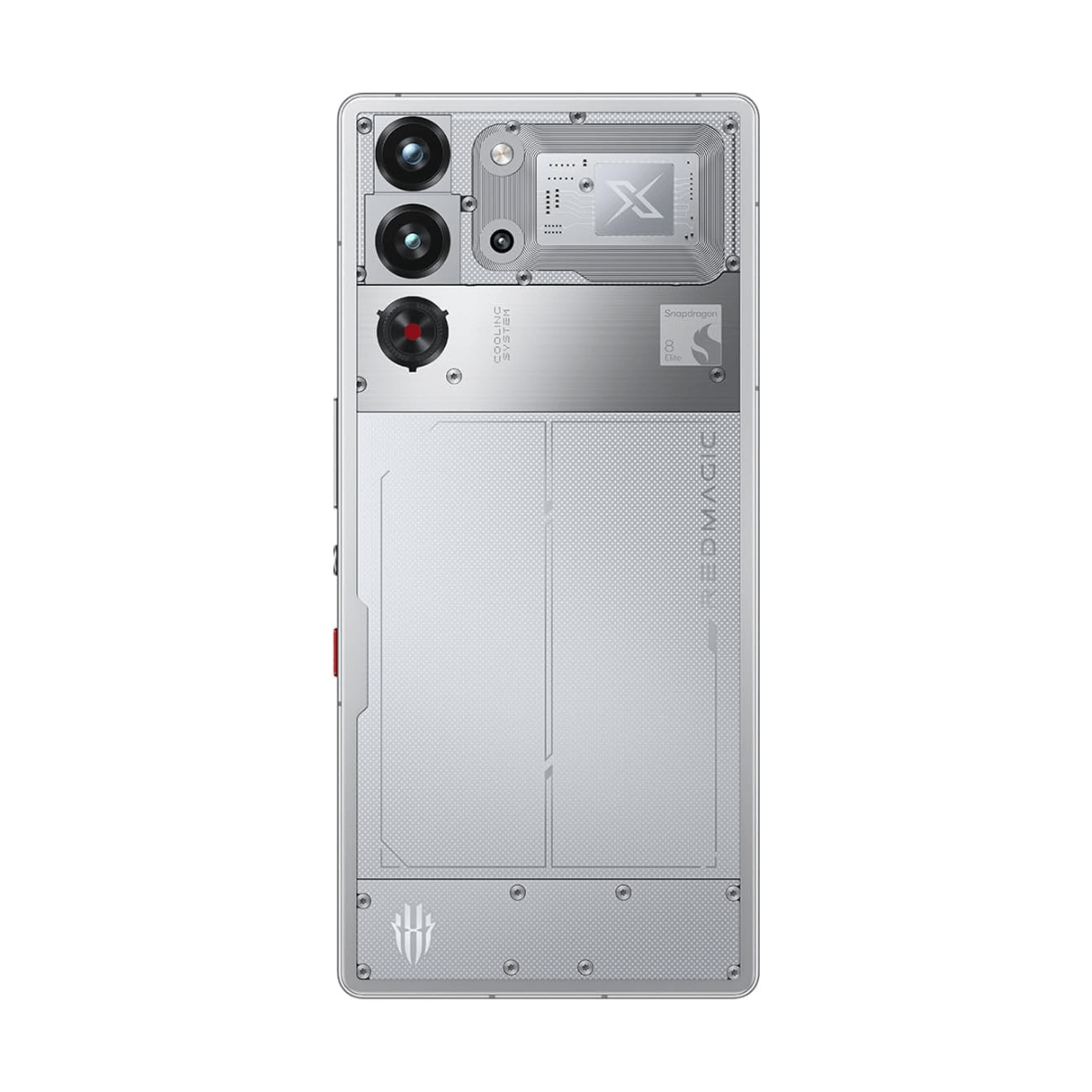 Srebrny tył smartfona: potrójny aparat, system chłodzenia, logo Snapdragon 8 Gen 2.