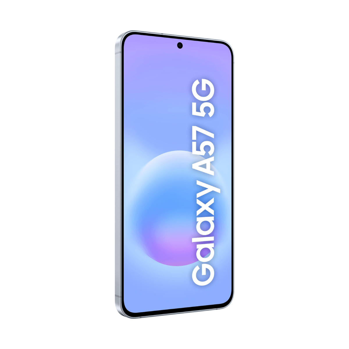 Srebrny smartfon z napisem 'Galaxy A57 5G' na ekranie.