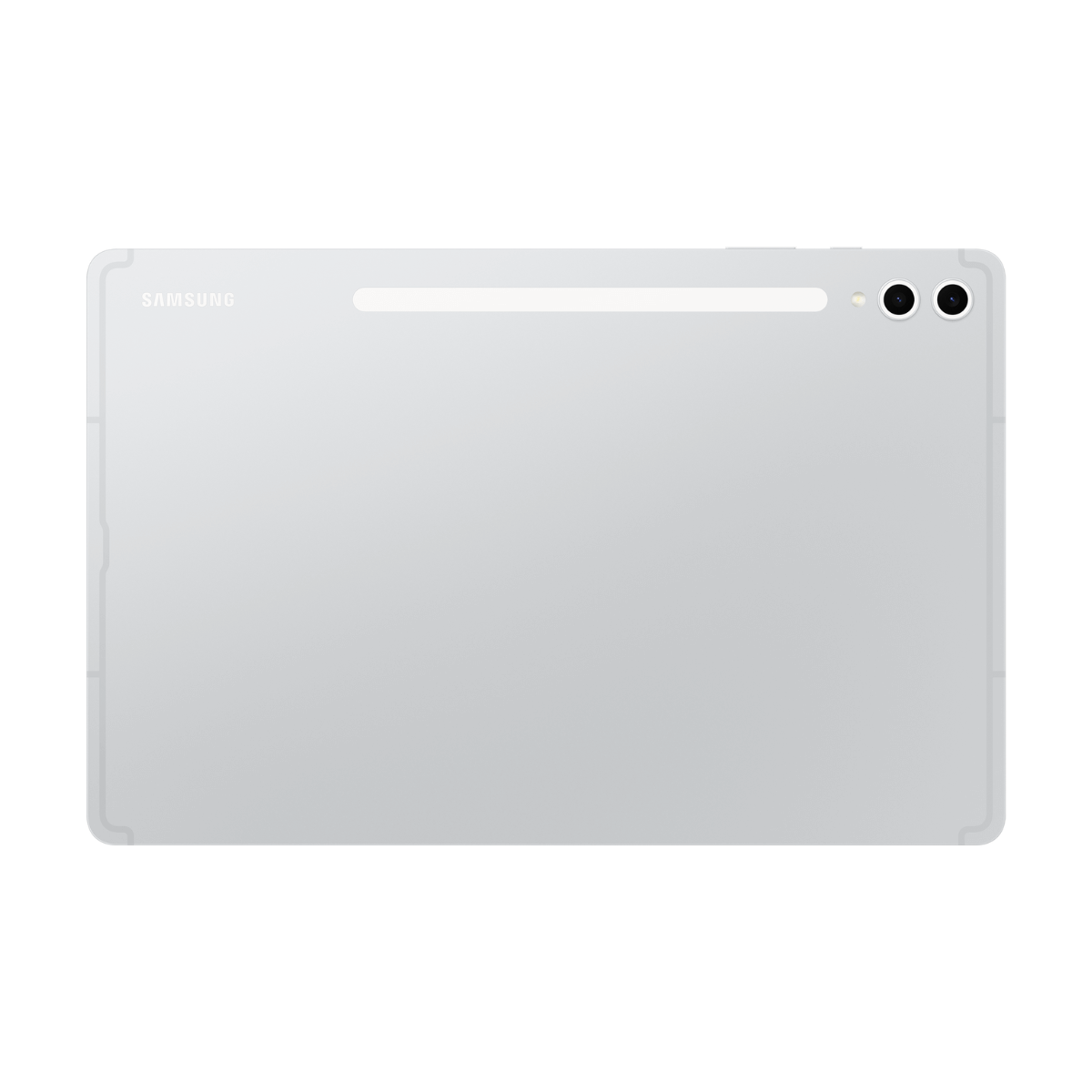 Tył srebrnego tabletu z dwoma aparatami i logo Samsung.