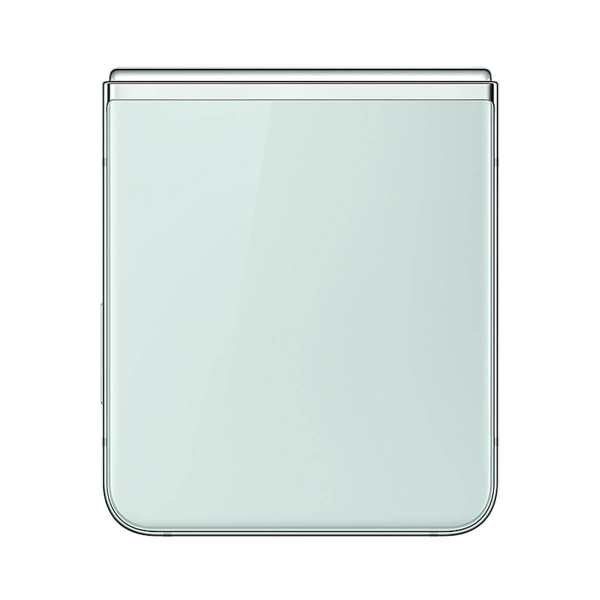 A closed, light green flip phone with a silver frame.