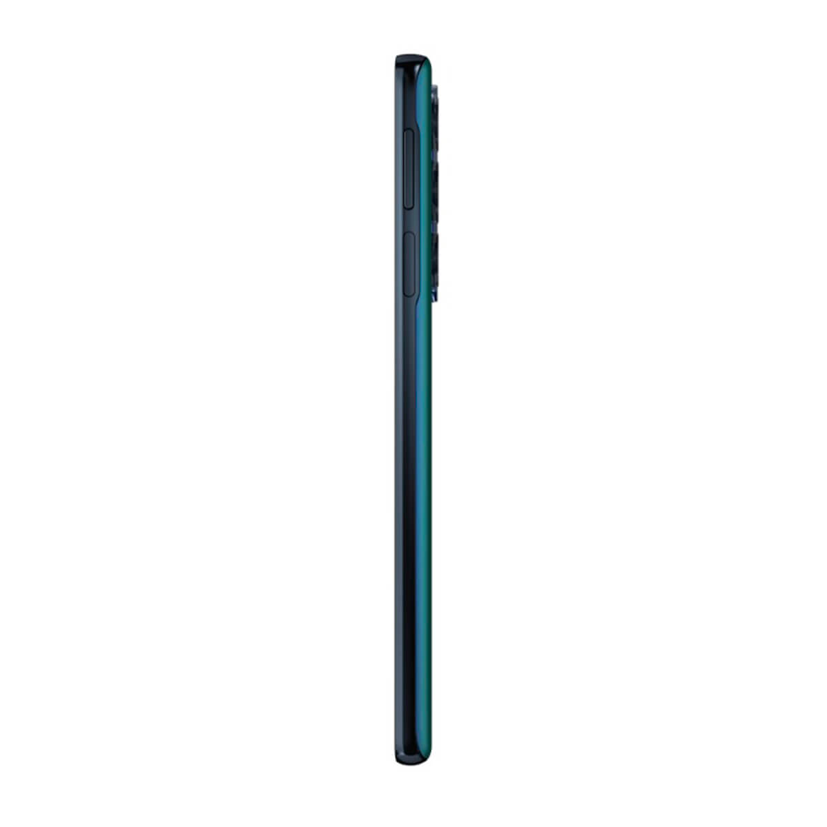 Dunkelgrünes Smartphone im Seitenprofil auf weißem Hintergrund.